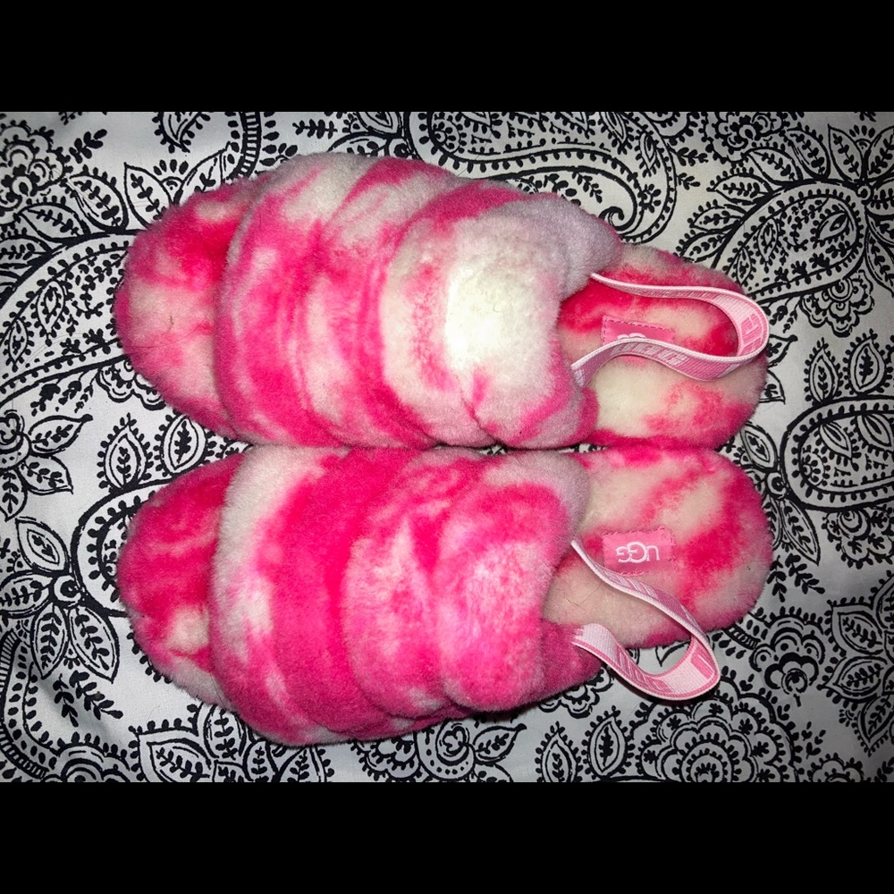 pink and white ugg slides